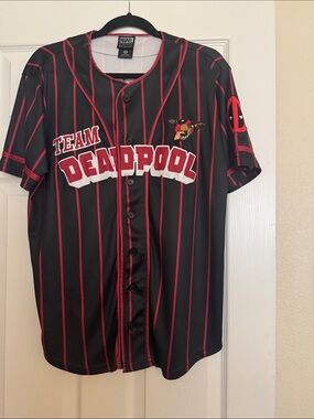Marvel Team Deadpool Black & Red Pinstripe Baseball Jersey